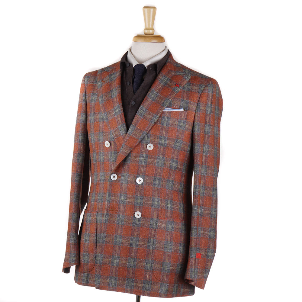 Isaia Orange Check Silk-Linen-Wool Sport Coat