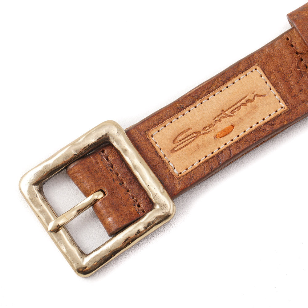 Santoni Distressed Brown Leather Belt with Gold Buckle - Top Shelf Apparel