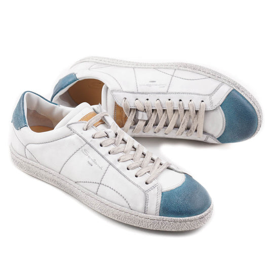 Santoni White and Blue Vintage-Look Sneakers - Top Shelf Apparel