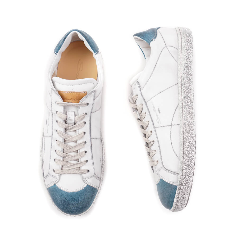 Santoni White and Blue Vintage-Look Sneakers - Top Shelf Apparel