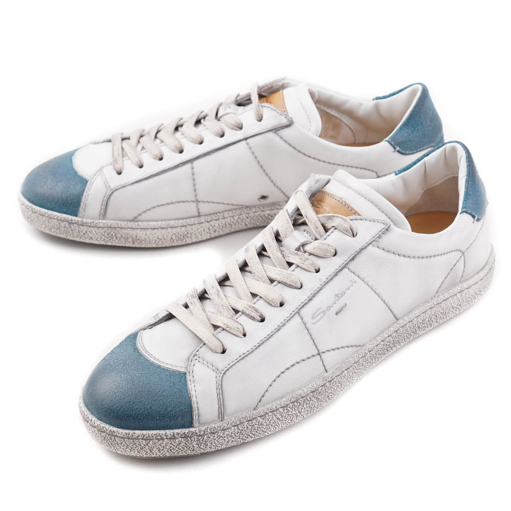 Santoni White and Blue Vintage-Look Sneakers - Top Shelf Apparel