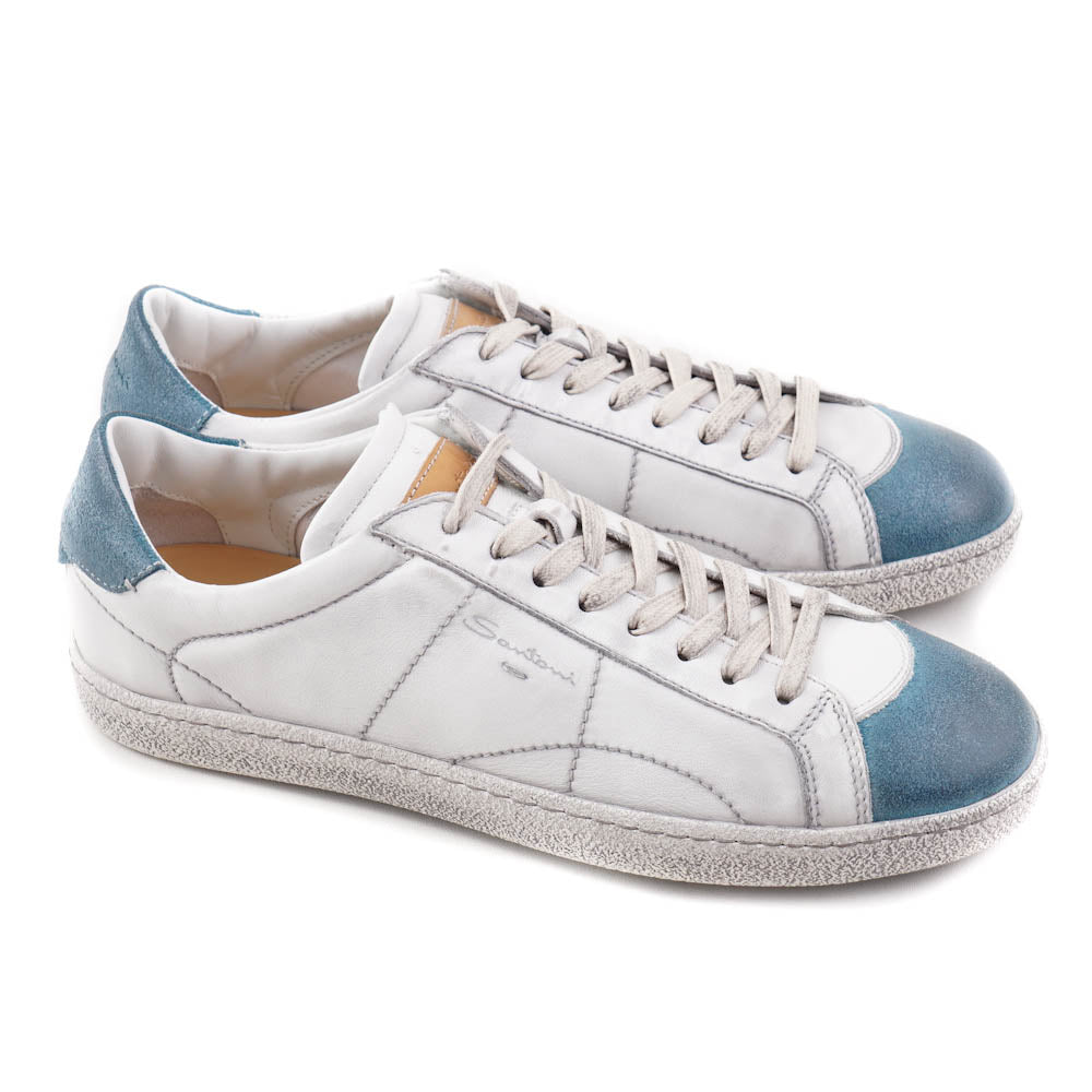 Santoni White and Blue Vintage-Look Sneakers - Top Shelf Apparel