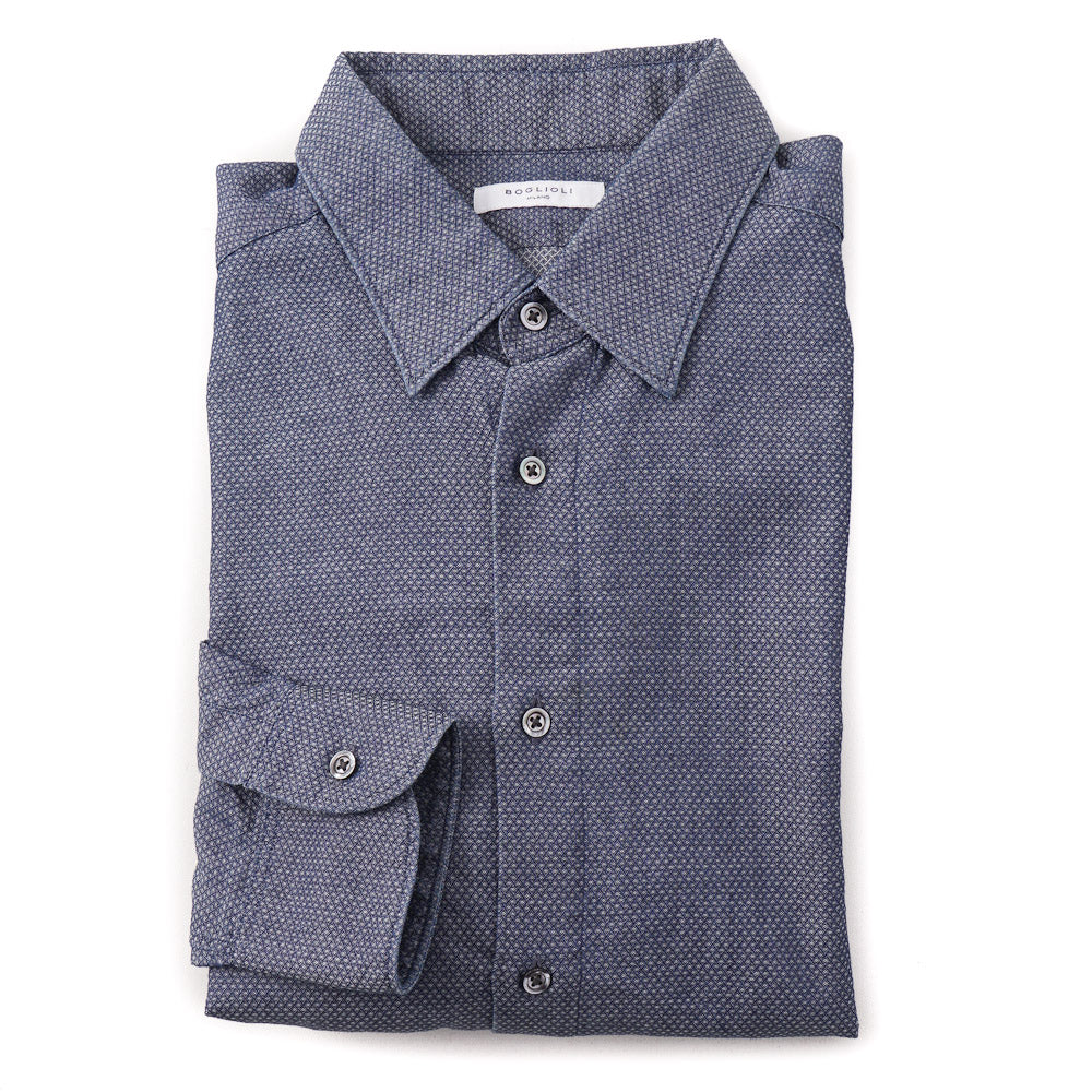 Boglioli Cotton Shirt in Blue Woven Jacquard Pattern - Top Shelf Apparel