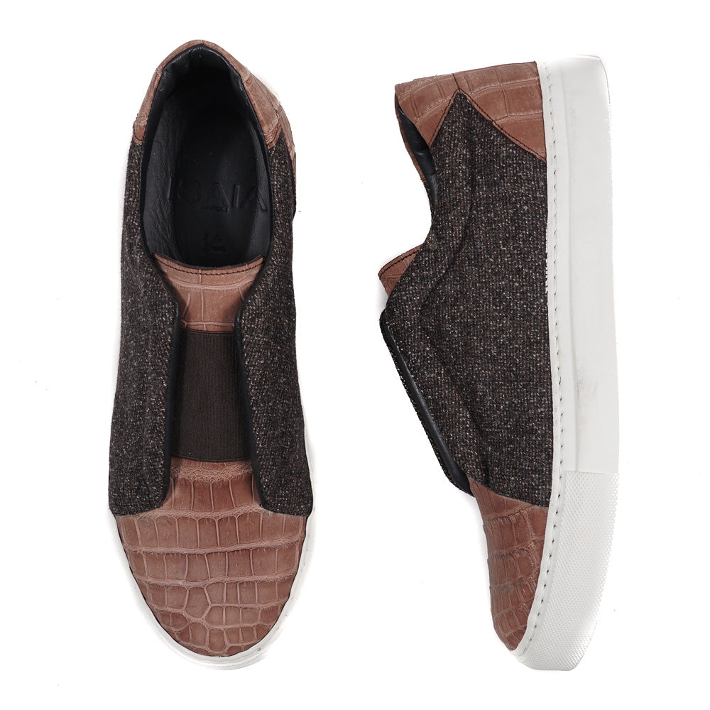 Isaia Crocodile and Wool Slip-On Sneakers