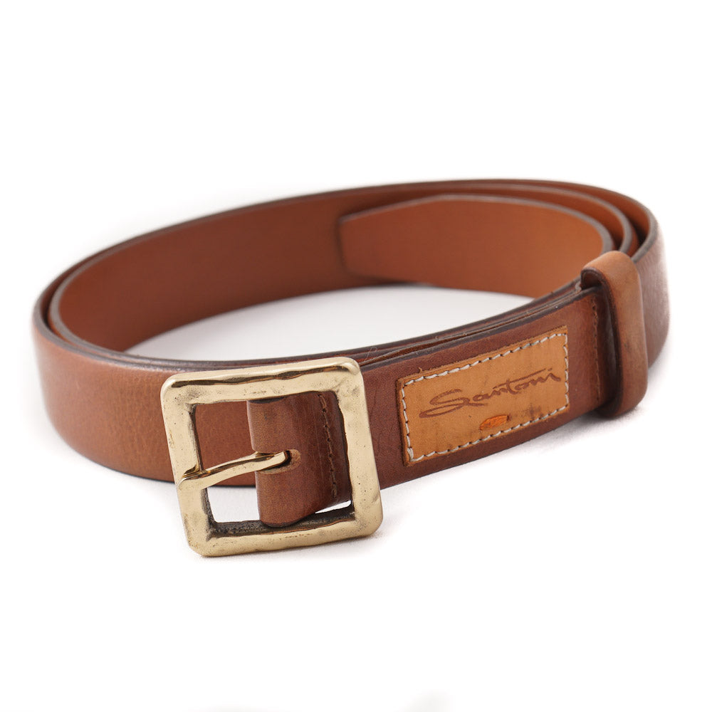 Santoni Medium Brown Leather Belt with Gold Buckle - Top Shelf Apparel