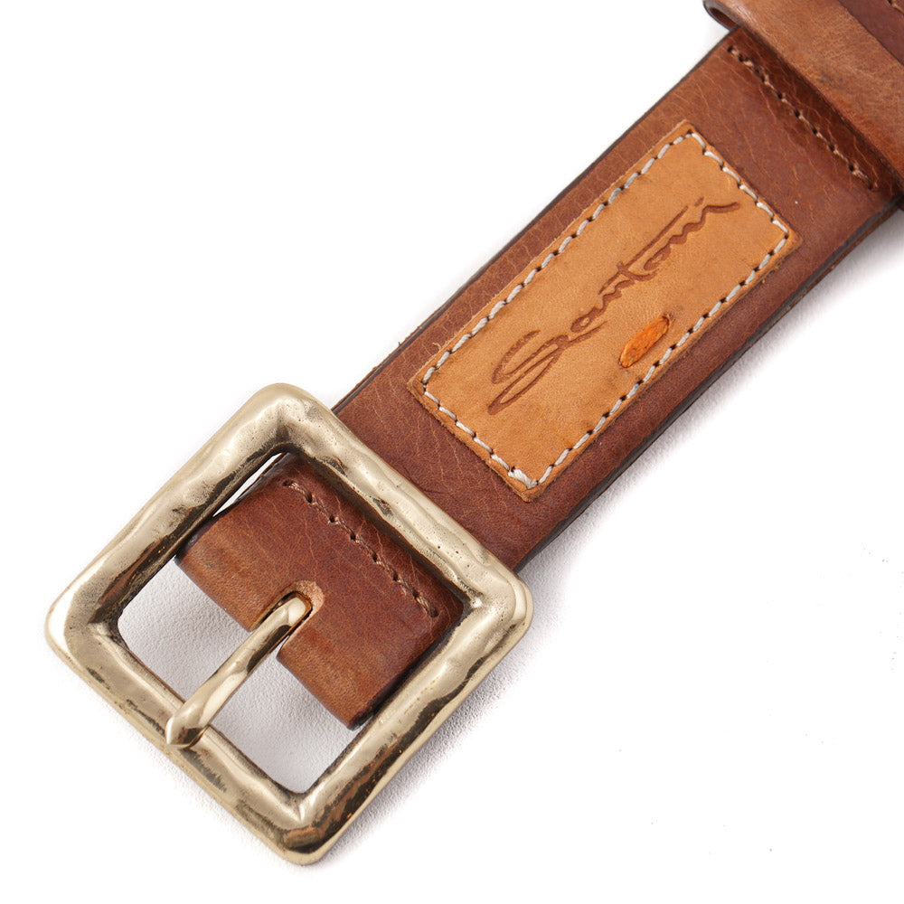 Santoni Medium Brown Leather Belt with Gold Buckle - Top Shelf Apparel