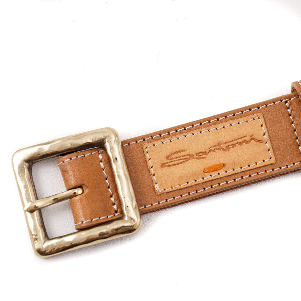 Santoni Natural Tan Leather Belt with Gold Buckle - Top Shelf Apparel