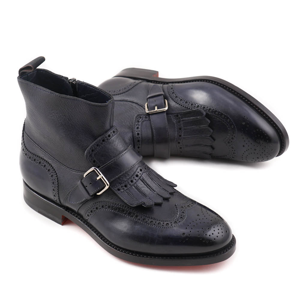 Santoni Navy Leather Boots with Buckle Detail - Top Shelf Apparel