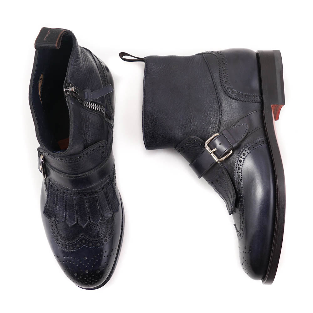 Santoni Navy Leather Boots with Buckle Detail - Top Shelf Apparel