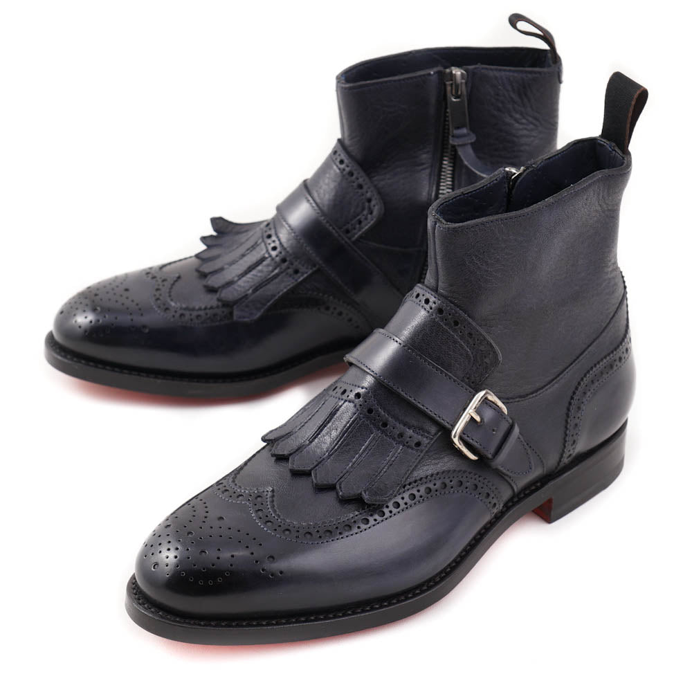 Santoni Navy Leather Boots with Buckle Detail - Top Shelf Apparel