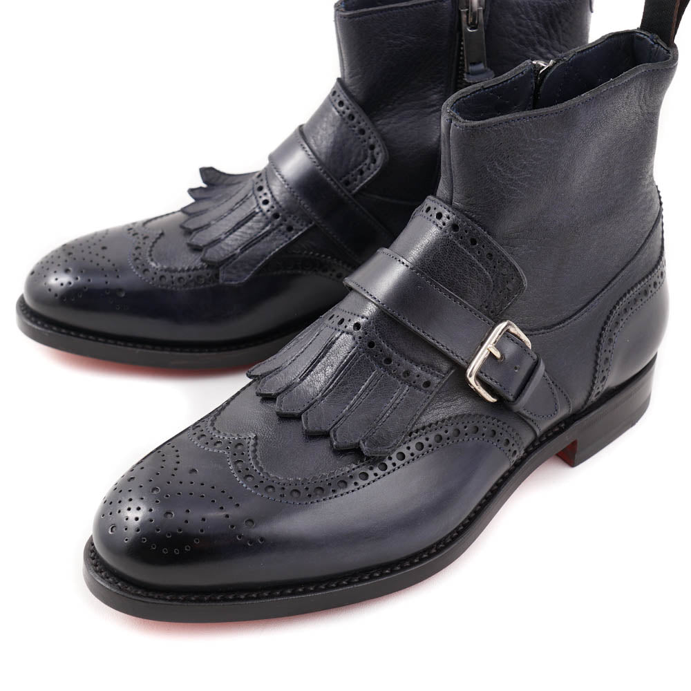Santoni Navy Leather Boots with Buckle Detail - Top Shelf Apparel