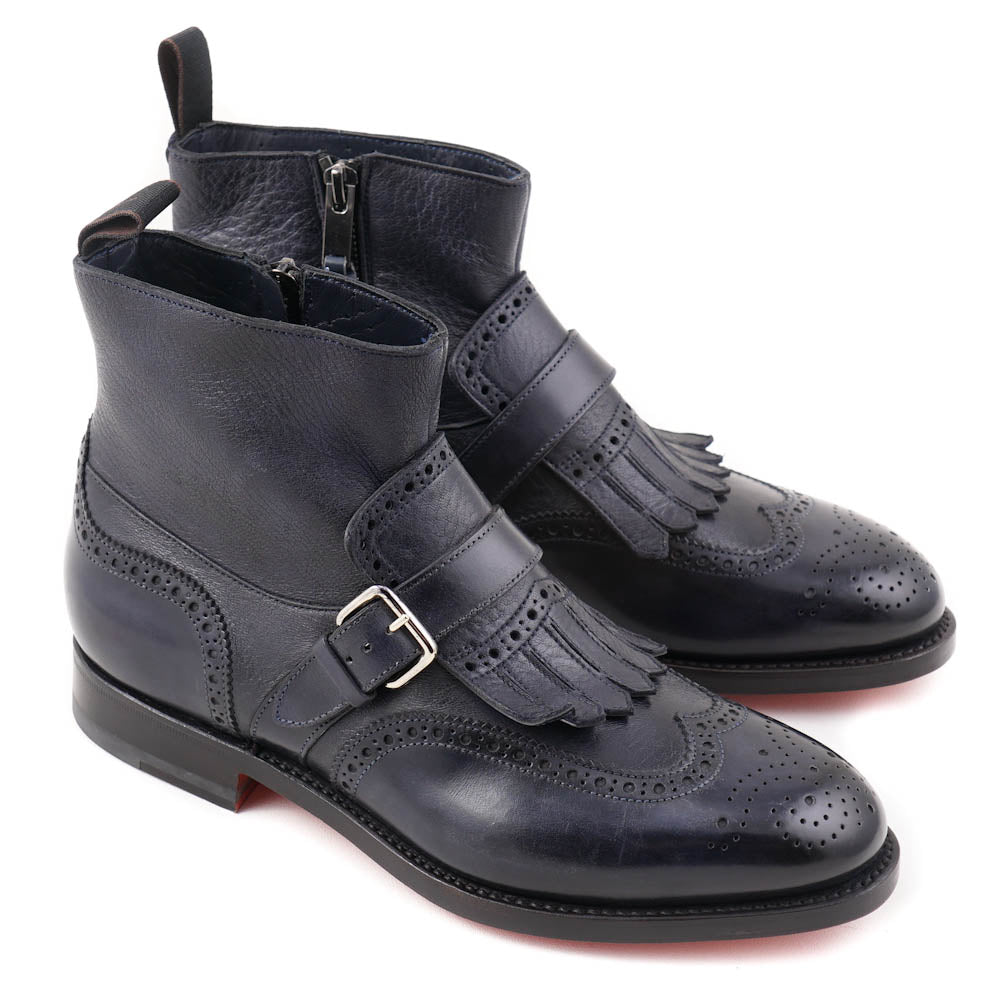 Santoni Navy Leather Boots with Buckle Detail - Top Shelf Apparel