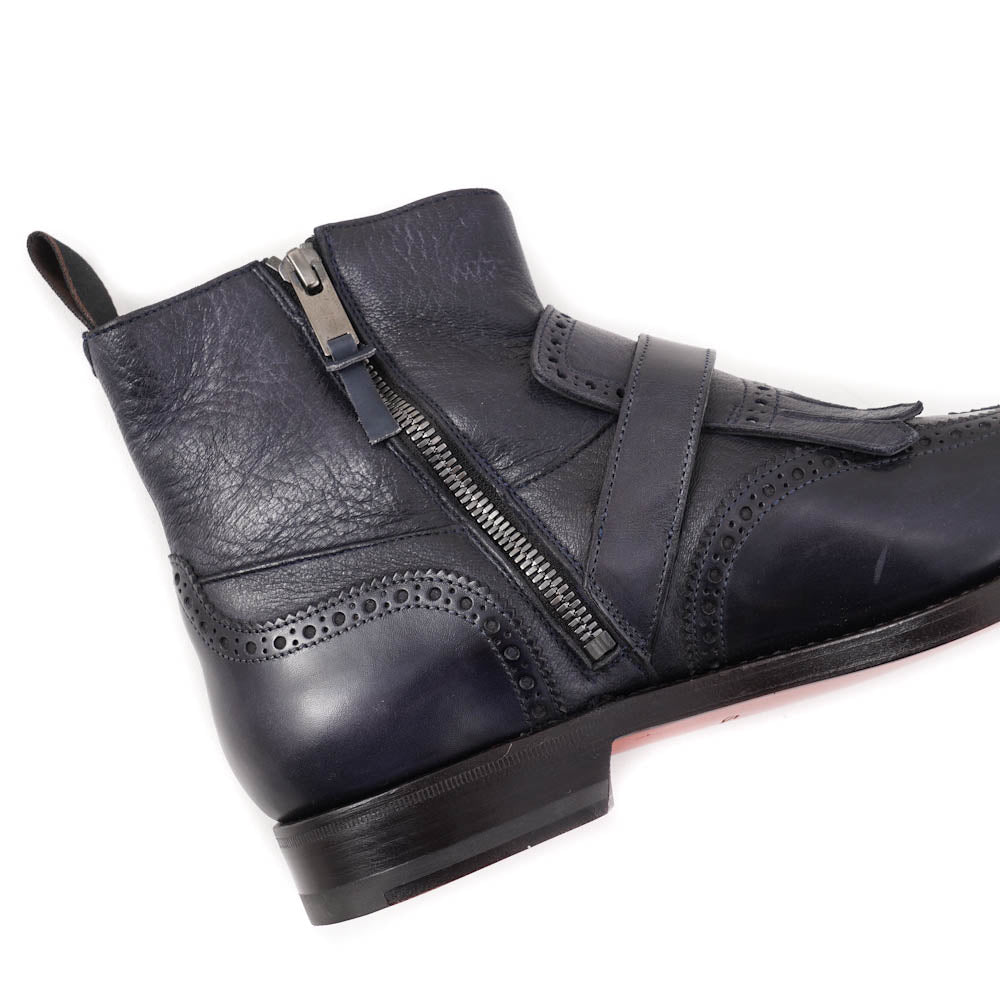 Santoni Navy Leather Boots with Buckle Detail - Top Shelf Apparel