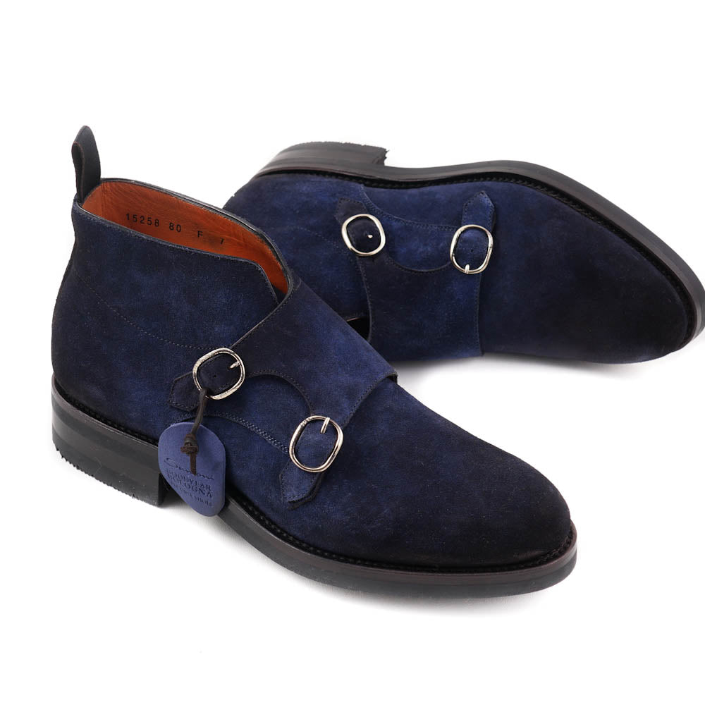 Santoni Double-Buckle Boots in Navy Suede - Top Shelf Apparel