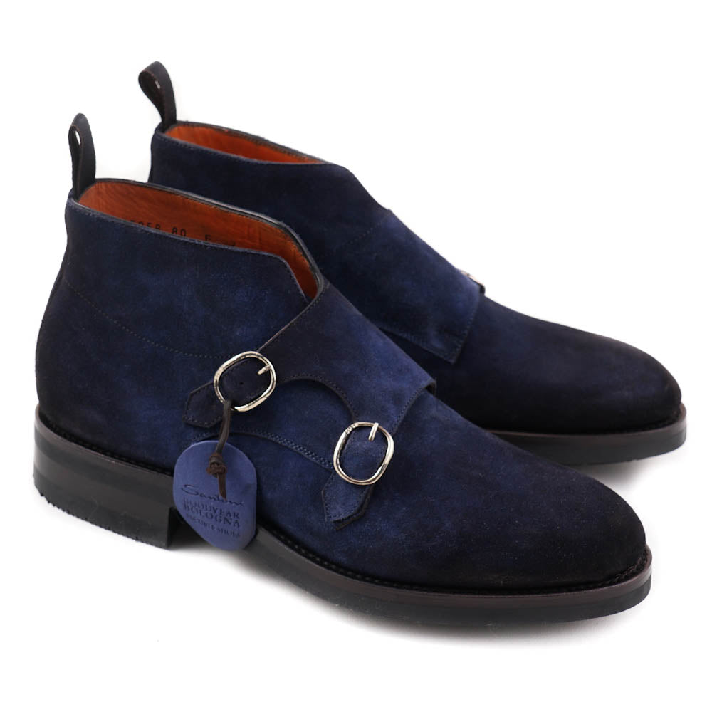 Santoni Double-Buckle Boots in Navy Suede - Top Shelf Apparel