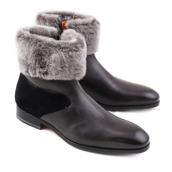 Santoni Shearling-Lined Boots with Fur Collar